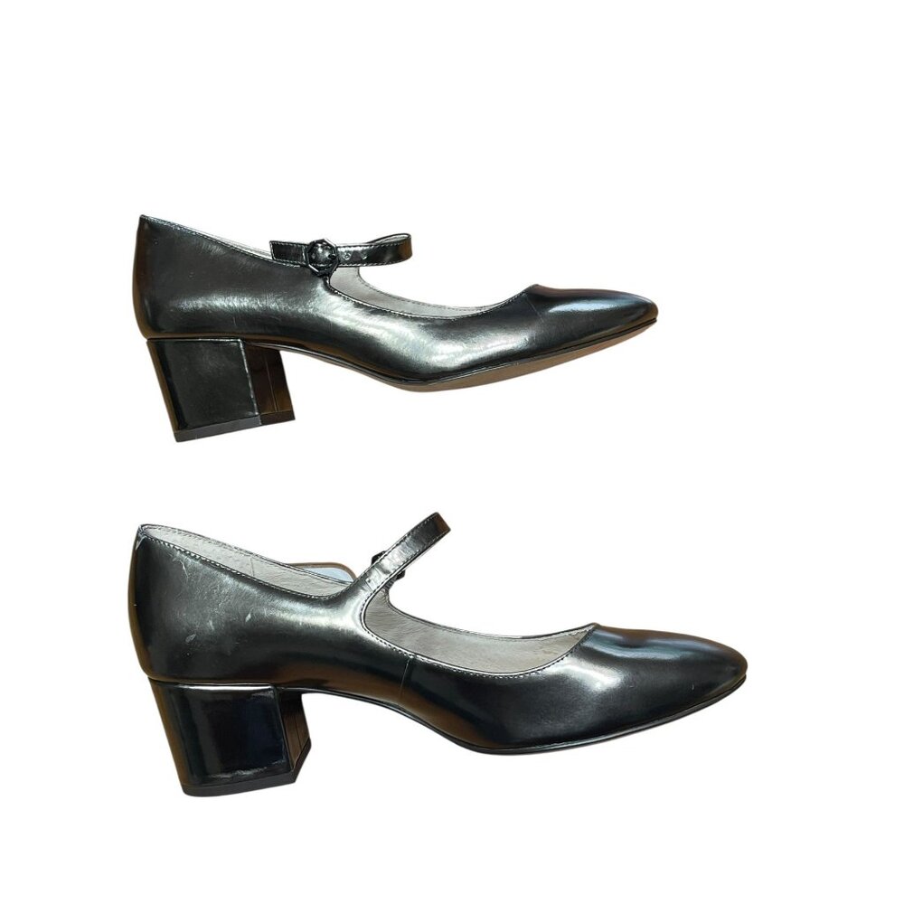Metallic Silver Mary Jane Block Heel Pumps - Picture 4 of 12